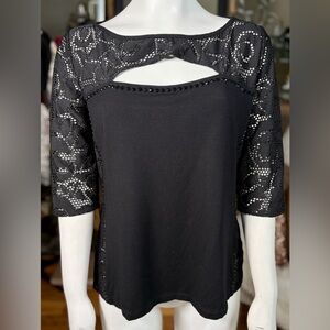 Grayse Black Lace & Rhinestone 3/4 Sleeve Top w/ Décolleté Cutout, Sz L